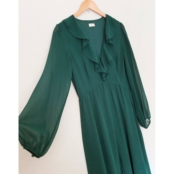Aritzia Wilfred Millie Dress 8 Forest Green Romantic Ruffle Chiffon Maxi Slit - Picture 6 of 16